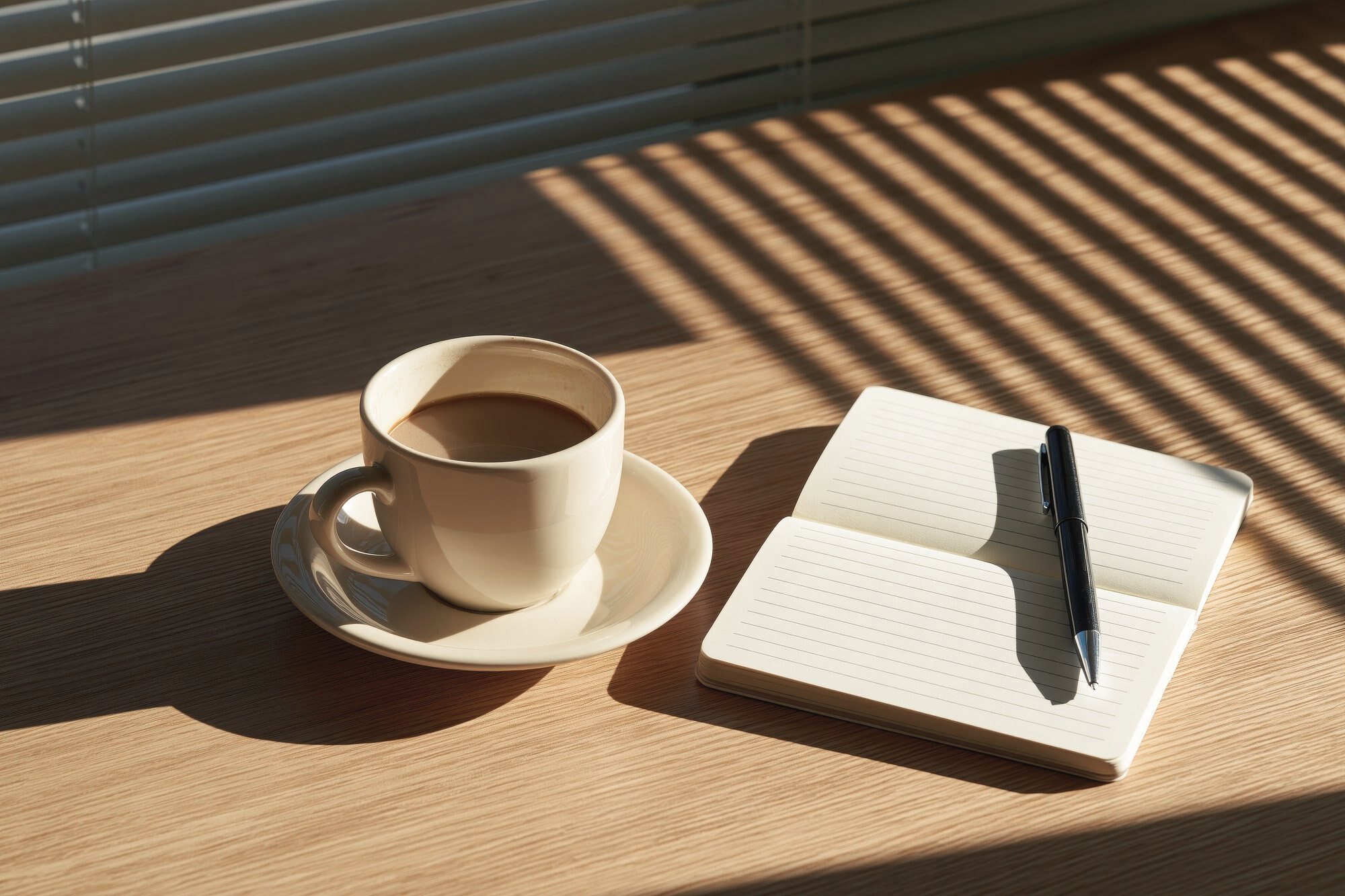Notizbuch und Kaffeetasse auf einem sonnigen Schreibtisch