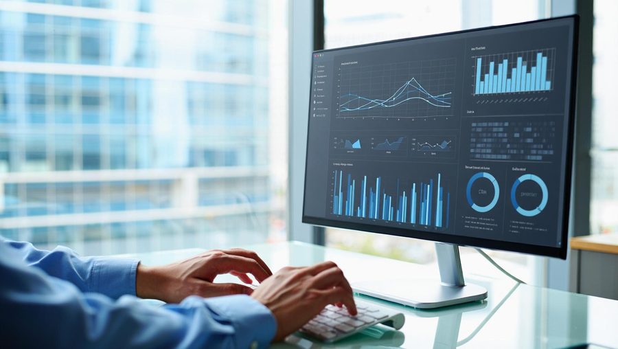 Analytics-Dashboard mit Kennzahlen auf einem Monitor